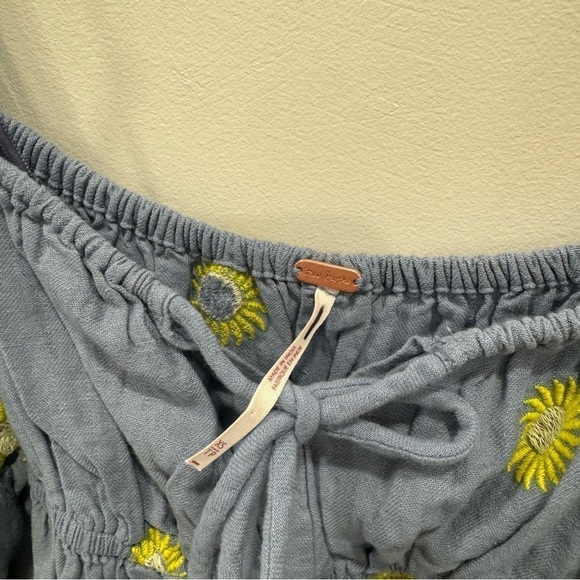 Free People Emory Embroidered Sun Chambray Midi Dress Cotton Linen Puff Sleeve - Picture 8 of 12